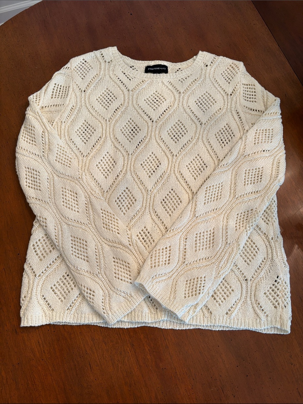 Fortune + Ivy Open-Knit Diamond Crewneck Sweater in Cream